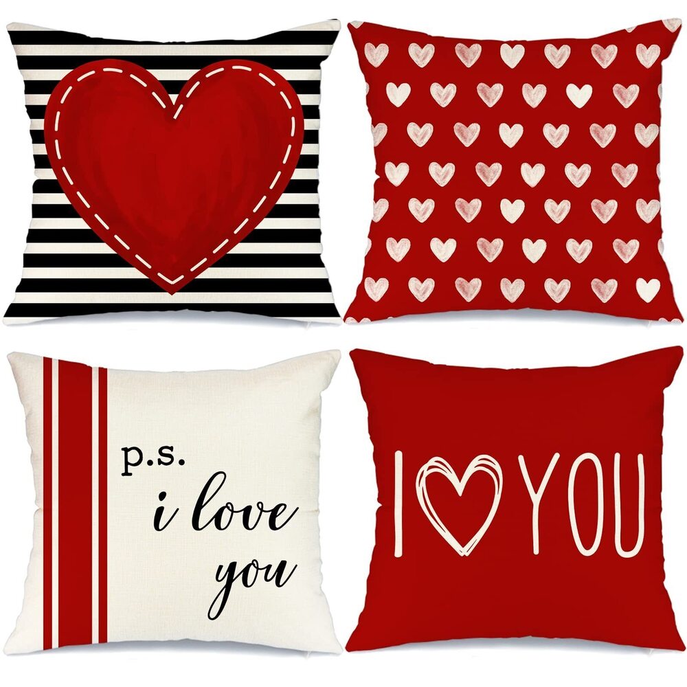 1871 Valentine's Day Pillow Covers 18 x 18 Inch Set of 4 - Red Black
